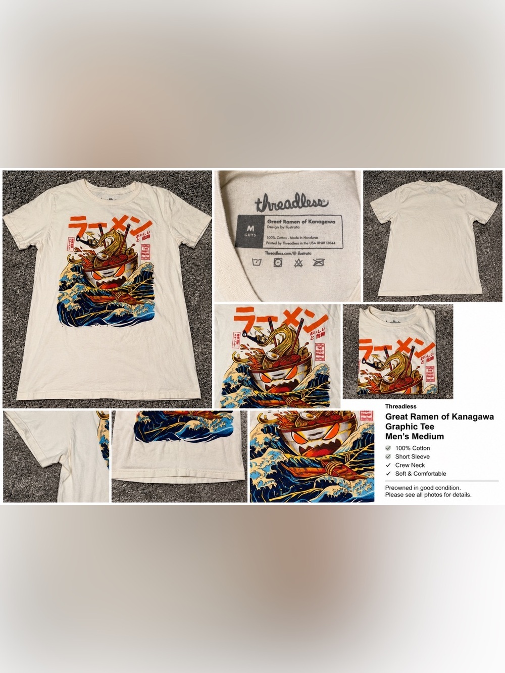 Threadless Great Ramen of Kanagawa Graphic Tee Men’s Medium Japanese Wave Anime